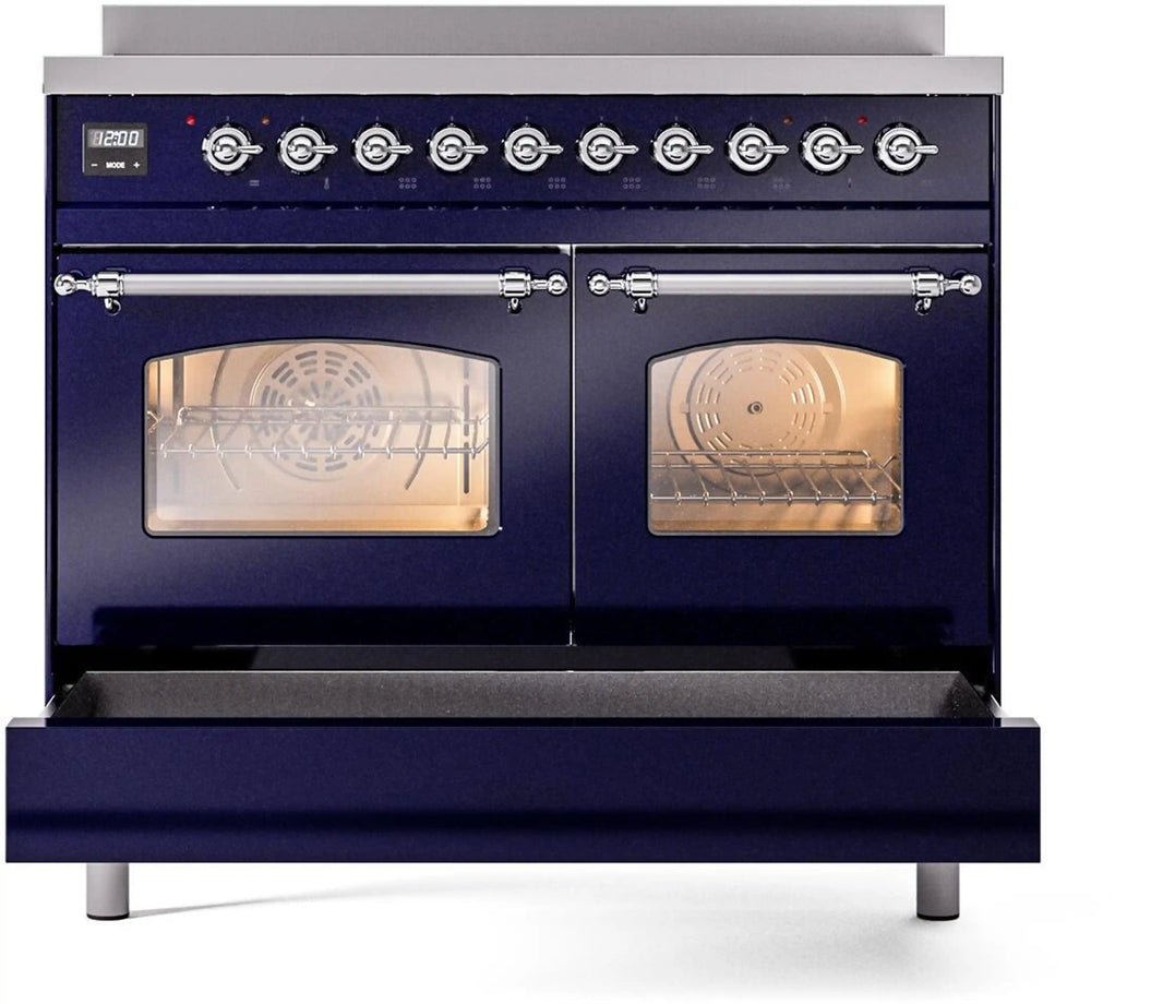 ILVE Nostalgie II 40-Inch Freestanding Electric Induction Range in Midnight Blue with Chrome Trim (UPDI406NMPMBC)