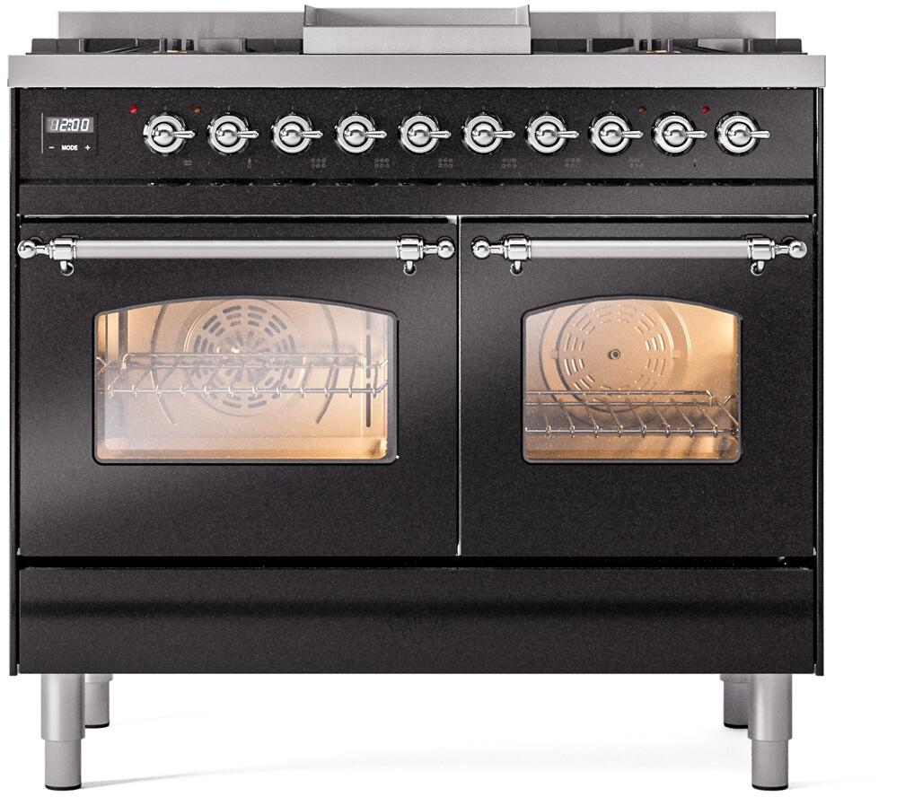 ILVE Nostalgie II 40-Inch Dual Fuel Freestanding Range in Glossy Black with Chrome Trim (UPD40FNMPBKC)