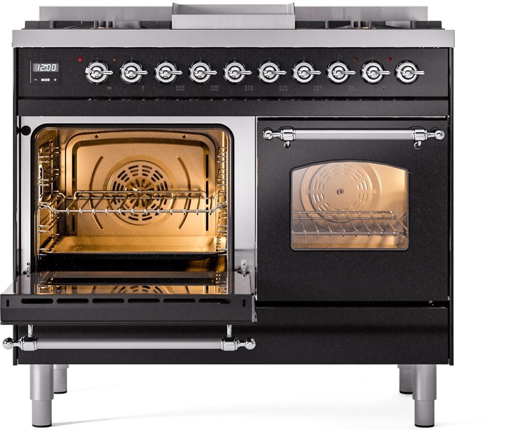 ILVE Nostalgie II 40-Inch Dual Fuel Freestanding Range in Glossy Black with Chrome Trim (UPD40FNMPBKC)