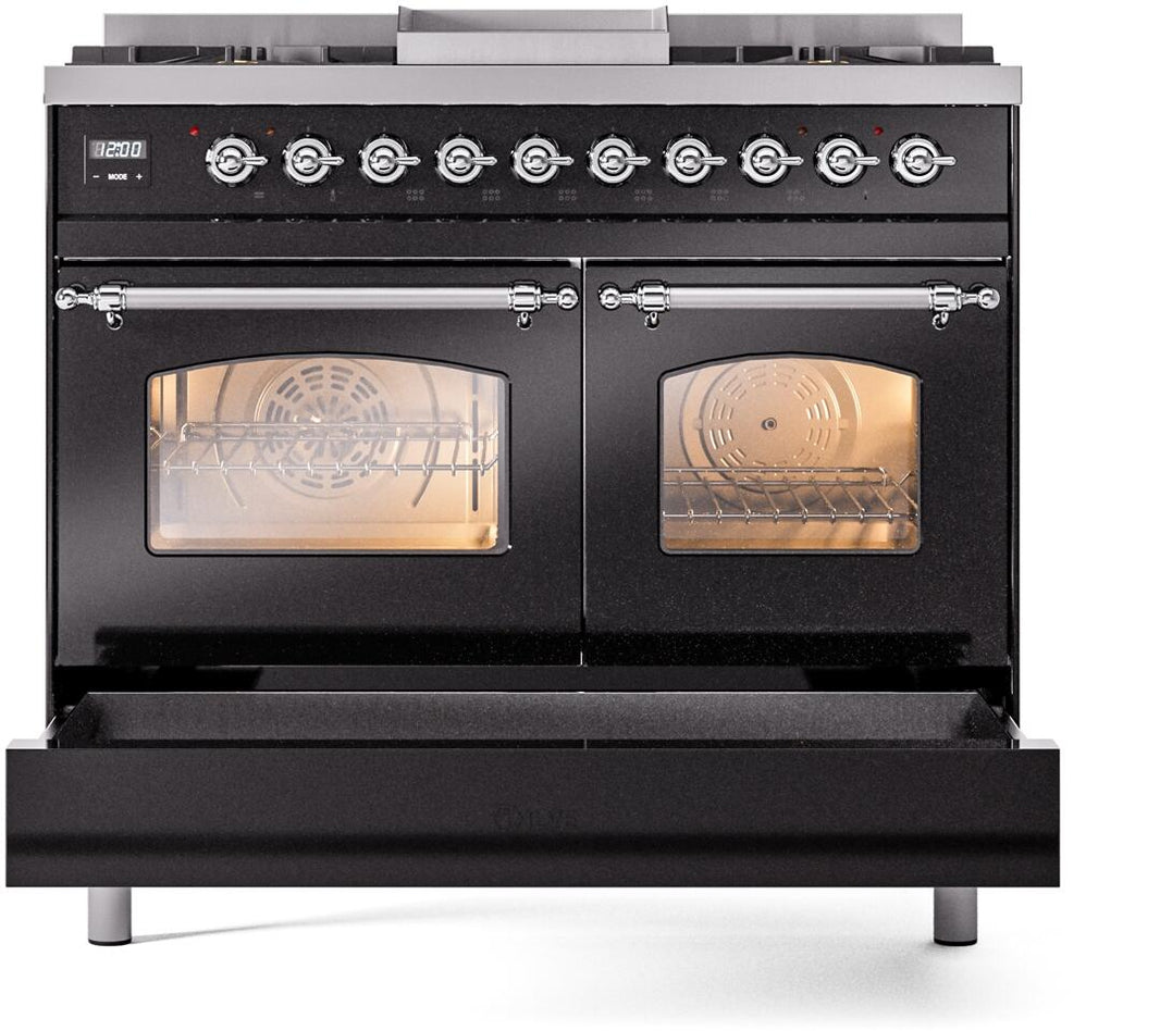 ILVE Nostalgie II 40-Inch Dual Fuel Freestanding Range in Glossy Black with Chrome Trim (UPD40FNMPBKC)