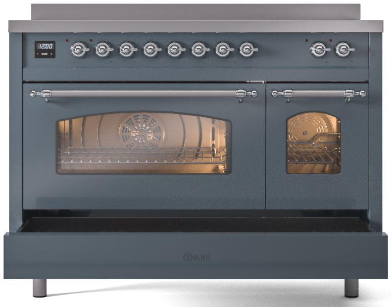 ILVE Nostalgie II 48-Inch Freestanding Electric Induction Range in Blue Grey with Chrome Trim (UPI486NMPBGC)