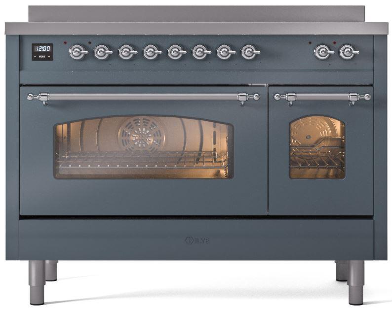 ILVE Nostalgie II 48-Inch Freestanding Electric Induction Range in Blue Grey with Chrome Trim (UPI486NMPBGC)