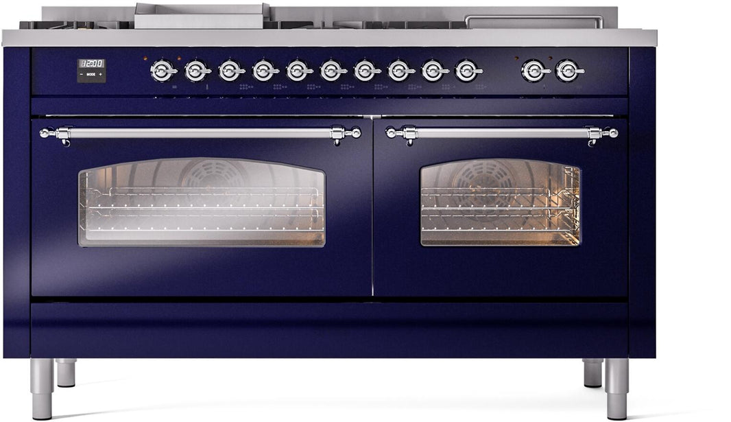 ILVE Nostalgie II 60-Inch Dual Fuel Freestanding Range in Midnight Blue with Chrome Trim (UP60FSNMPMBC)