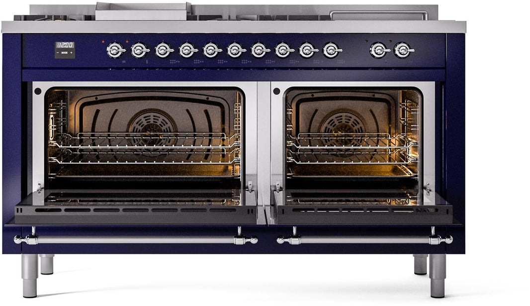 ILVE Nostalgie II 60-Inch Dual Fuel Freestanding Range in Midnight Blue with Chrome Trim (UP60FSNMPMBC)