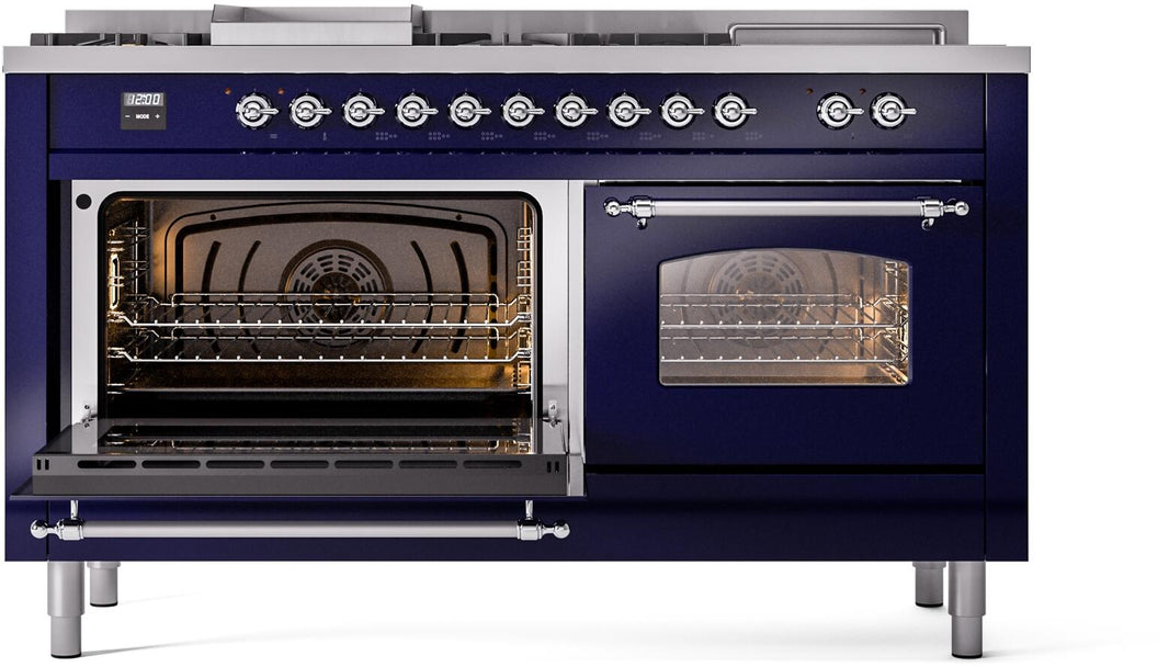 ILVE Nostalgie II 60-Inch Dual Fuel Freestanding Range in Midnight Blue with Chrome Trim (UP60FSNMPMBC)