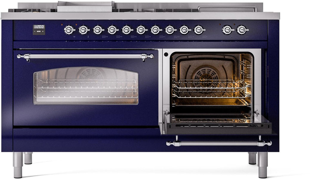 ILVE Nostalgie II 60-Inch Dual Fuel Freestanding Range in Midnight Blue with Chrome Trim (UP60FSNMPMBC)