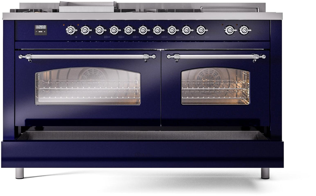 ILVE Nostalgie II 60-Inch Dual Fuel Freestanding Range in Midnight Blue with Chrome Trim (UP60FSNMPMBC)