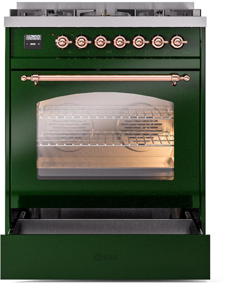 ILVE Nostalgie II 30-Inch Dual Fuel Freestanding Range in Emerald Green with Copper Trim (UP30NMPEGP)