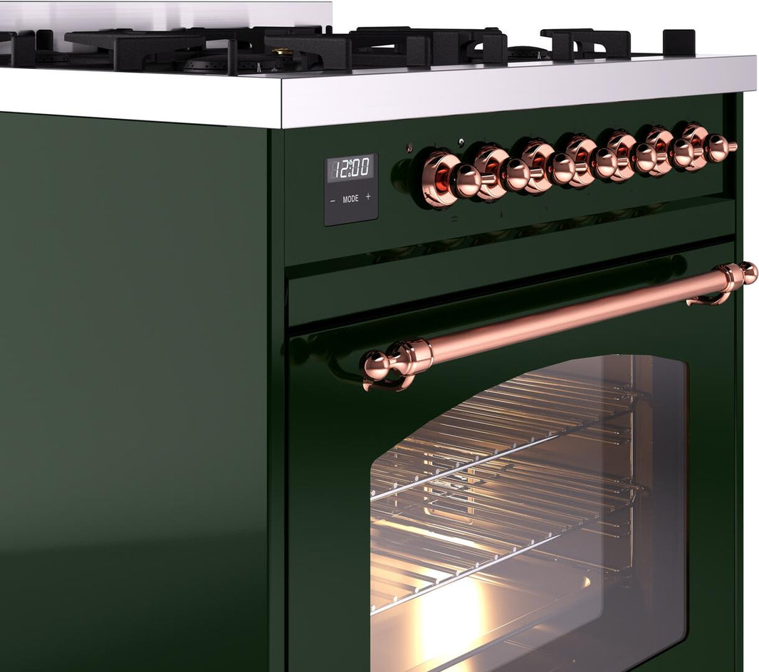 ILVE Nostalgie II 30-Inch Dual Fuel Freestanding Range in Emerald Green with Copper Trim (UP30NMPEGP)