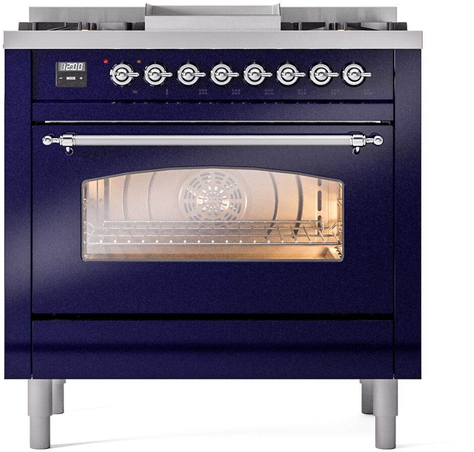 ILVE Nostalgie II 36-Inch Dual Fuel Freestanding Range in Midnight Blue with Chrome Trim (UP36FNMPMBC)