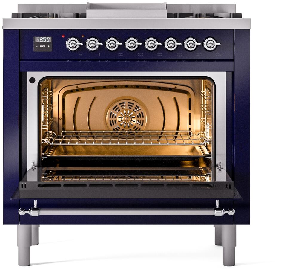 ILVE Nostalgie II 36-Inch Dual Fuel Freestanding Range in Midnight Blue with Chrome Trim (UP36FNMPMBC)