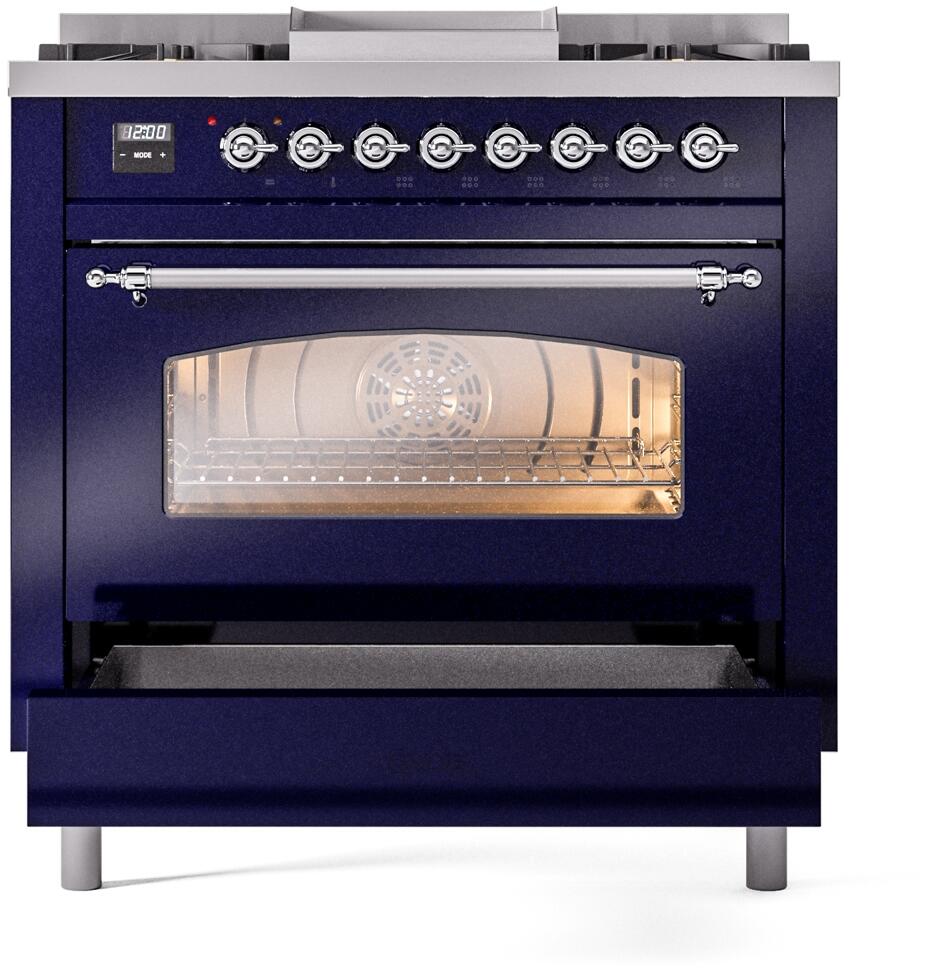 ILVE Nostalgie II 36-Inch Dual Fuel Freestanding Range in Midnight Blue with Chrome Trim (UP36FNMPMBC)