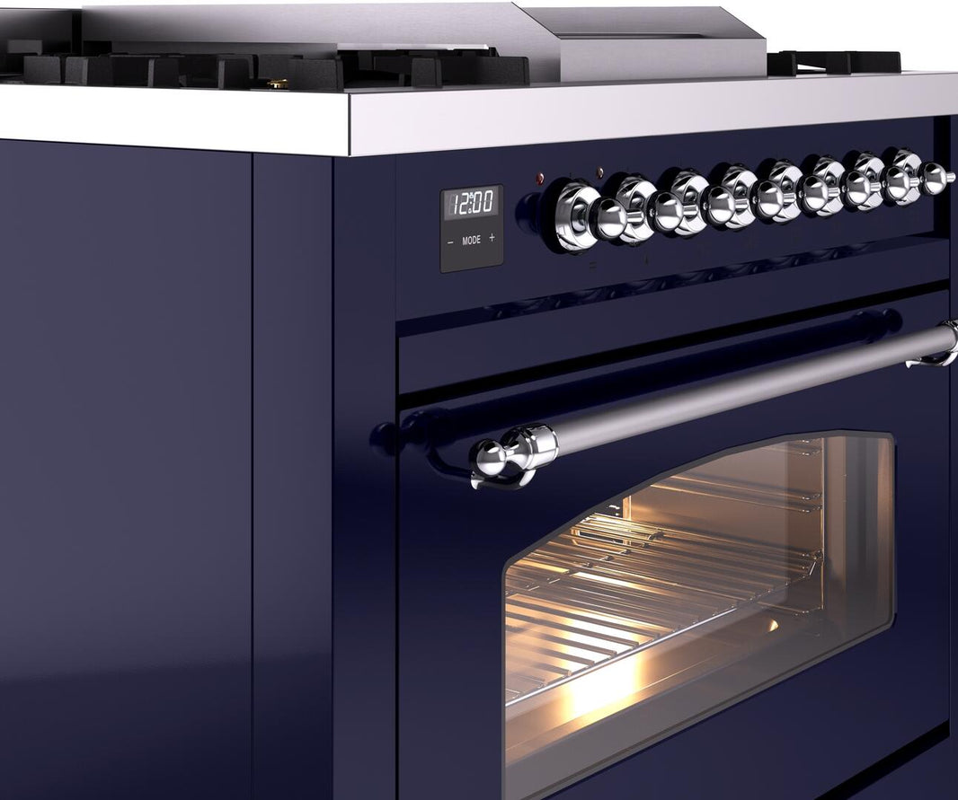 ILVE Nostalgie II 36-Inch Dual Fuel Freestanding Range in Midnight Blue with Chrome Trim (UP36FNMPMBC)