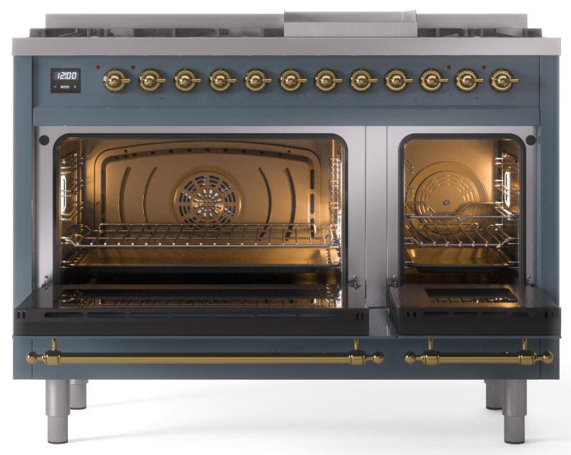 ILVE Nostalgie II 48-Inch Dual Fuel Freestanding Range in Blue Grey with Brass Trim (UP48FNMPBGG)