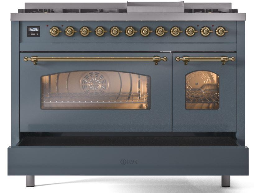 ILVE Nostalgie II 48-Inch Dual Fuel Freestanding Range in Blue Grey with Brass Trim (UP48FNMPBGG)