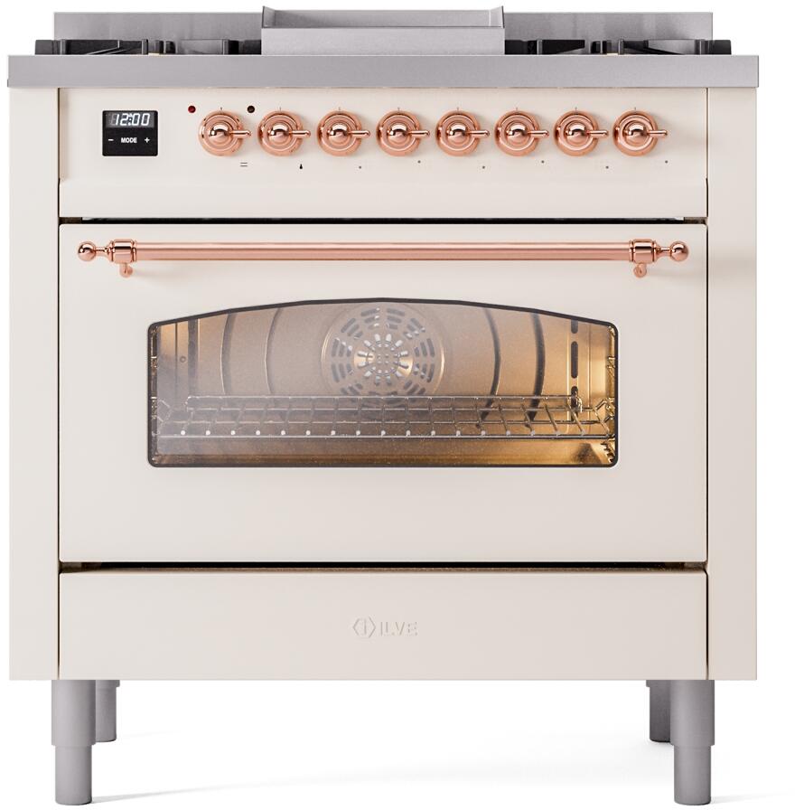 ILVE Nostalgie II 36-Inch Dual Fuel Freestanding Range in Antique White with Copper Trim (UP36FNMPAWP)