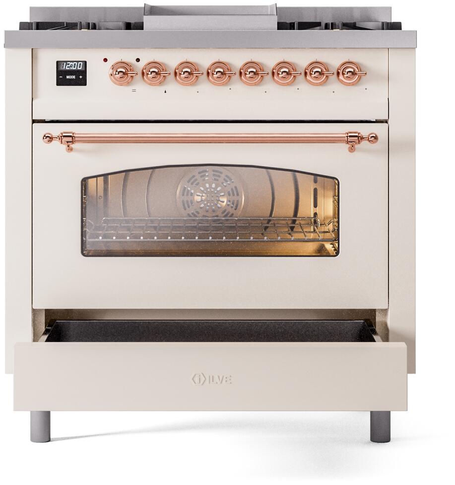 ILVE Nostalgie II 36-Inch Dual Fuel Freestanding Range in Antique White with Copper Trim (UP36FNMPAWP)