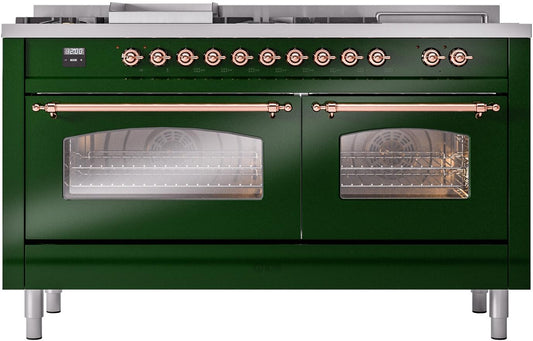 ILVE Nostalgie II 60-Inch Dual Fuel Freestanding Range in Emerald Green with Copper Trim (UP60FSNMPEGP)