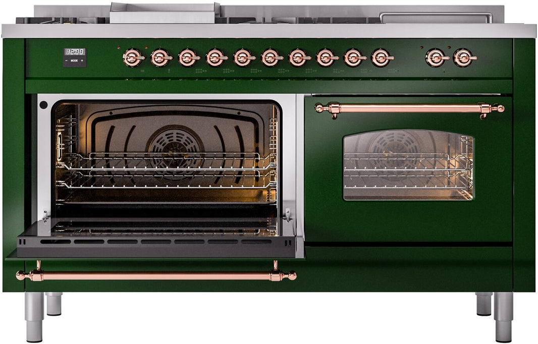 ILVE Nostalgie II 60-Inch Dual Fuel Freestanding Range in Emerald Green with Copper Trim (UP60FSNMPEGP)