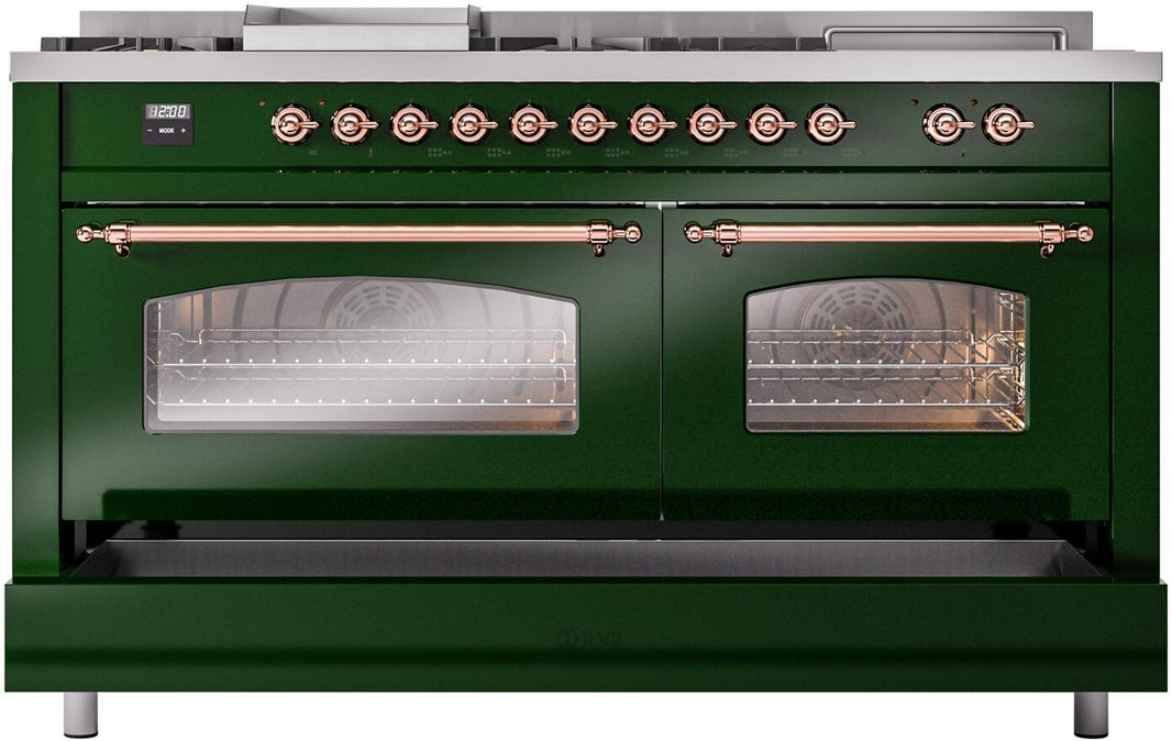 ILVE Nostalgie II 60-Inch Dual Fuel Freestanding Range in Emerald Green with Copper Trim (UP60FSNMPEGP)