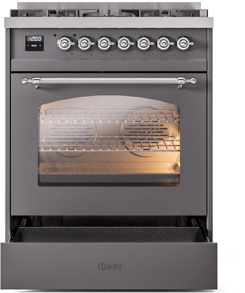 ILVE Nostalgie II 30-Inch Dual Fuel Freestanding Range in Matte Graphite with Chrome Trim (UP30NMPMGC)