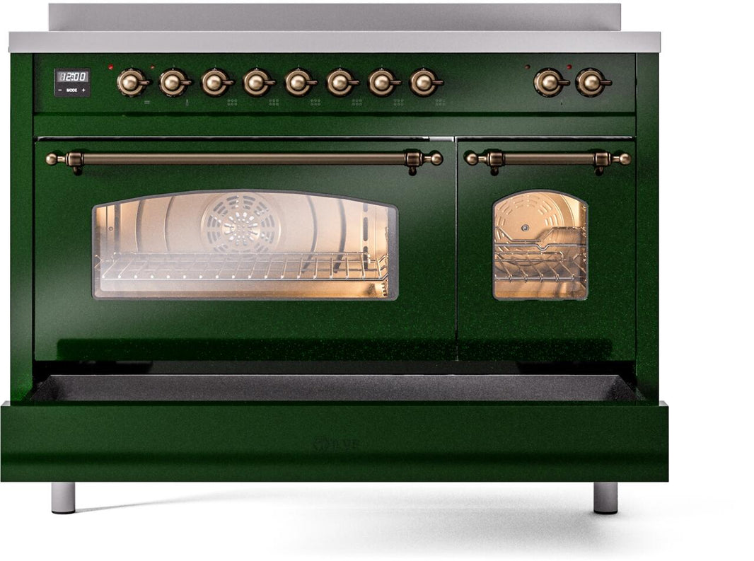 ILVE Nostalgie II 48-Inch Freestanding Electric Induction Range in Emerald Green with Bronze Trim (UPI486NMPEGB)