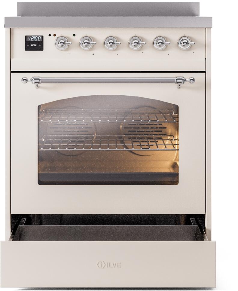 ILVE Nostalgie II 30-Inch Freestanding Electric Induction Range in Antique White with Chrome Trim (UPI304NMPAWC)