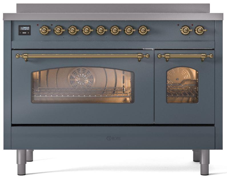 ILVE Nostalgie II 48-Inch Freestanding Electric Induction Range in Blue Grey with Brass Trim (UPI486NMPBGG)