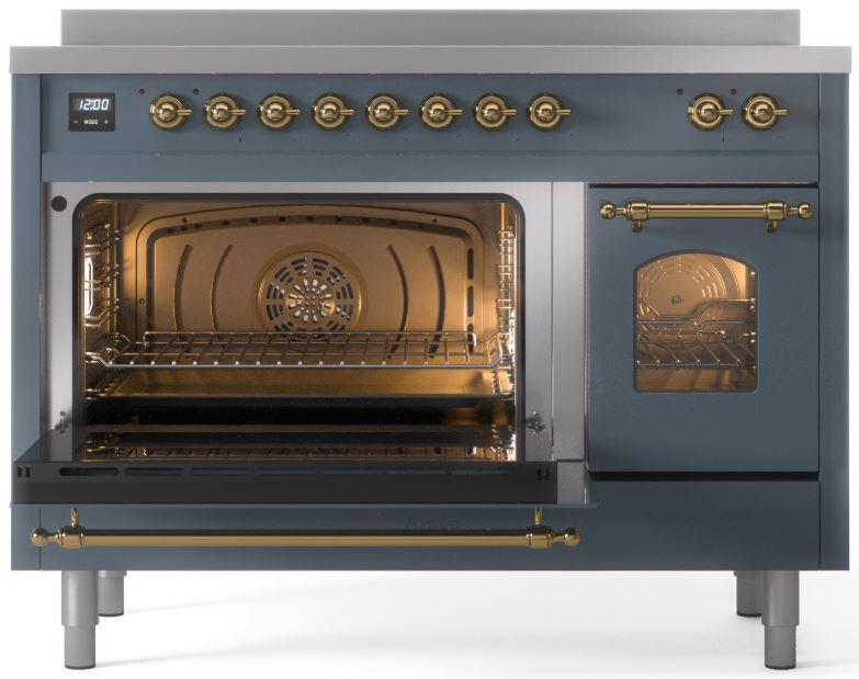 ILVE Nostalgie II 48-Inch Freestanding Electric Induction Range in Blue Grey with Brass Trim (UPI486NMPBGG)