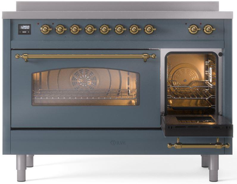 ILVE Nostalgie II 48-Inch Freestanding Electric Induction Range in Blue Grey with Brass Trim (UPI486NMPBGG)