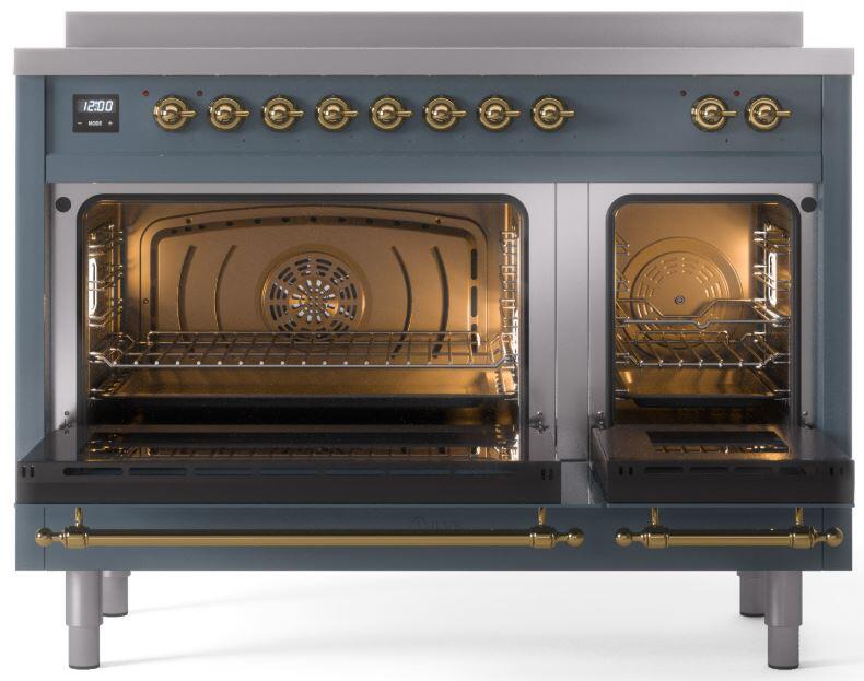 ILVE Nostalgie II 48-Inch Freestanding Electric Induction Range in Blue Grey with Brass Trim (UPI486NMPBGG)