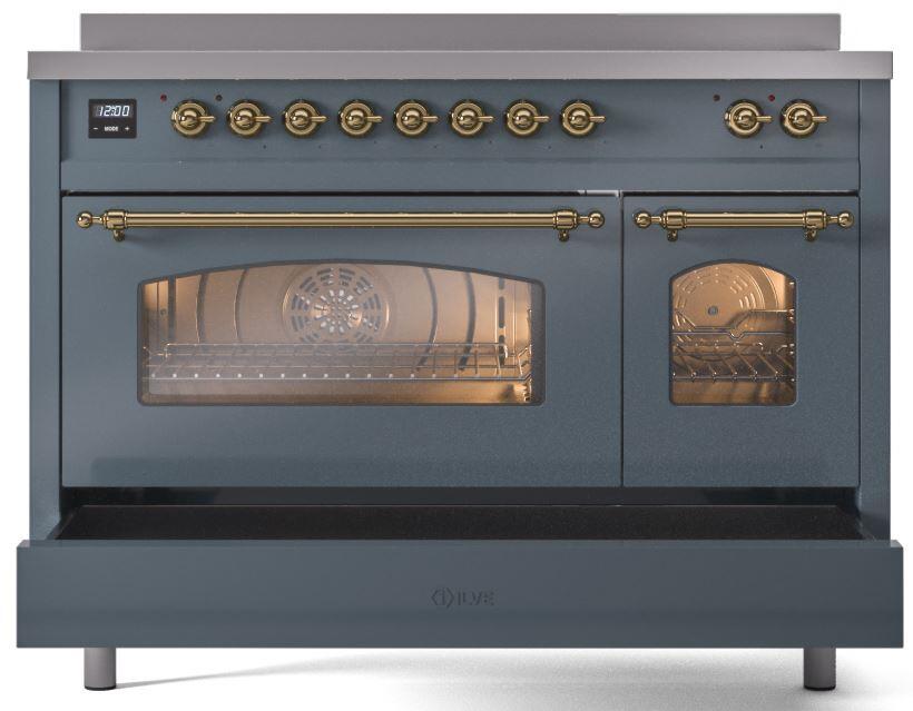 ILVE Nostalgie II 48-Inch Freestanding Electric Induction Range in Blue Grey with Brass Trim (UPI486NMPBGG)