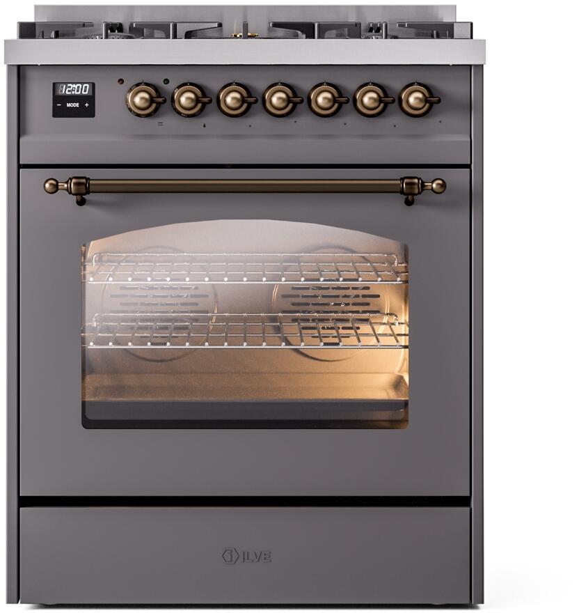 ILVE Nostalgie II 30-Inch Dual Fuel Freestanding Range in Matte Graphite with Bronze Trim (UP30NMPMGB)