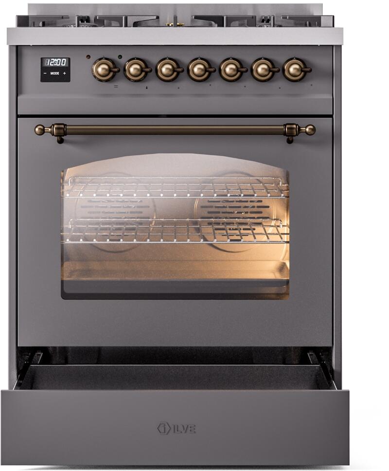 ILVE Nostalgie II 30-Inch Dual Fuel Freestanding Range in Matte Graphite with Bronze Trim (UP30NMPMGB)