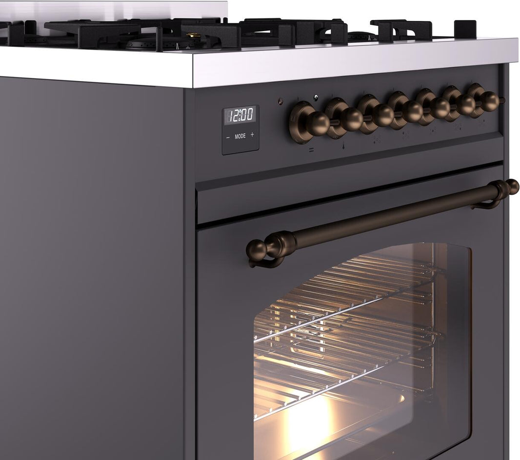 ILVE Nostalgie II 30-Inch Dual Fuel Freestanding Range in Matte Graphite with Bronze Trim (UP30NMPMGB)