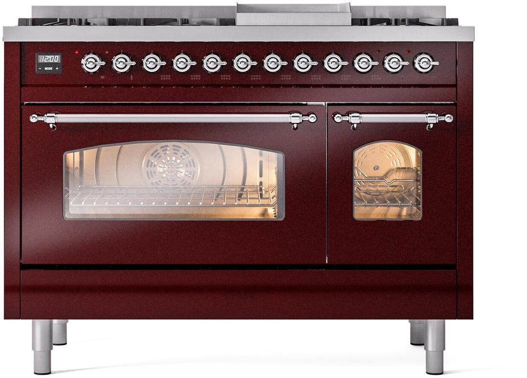 ILVE Nostalgie II 48-Inch Dual Fuel Freestanding Range in Burgundy with Copper Trim (UP48FNMPBUC)