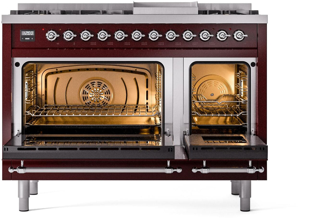 ILVE Nostalgie II 48-Inch Dual Fuel Freestanding Range in Burgundy with Copper Trim (UP48FNMPBUC)