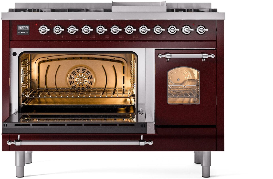 ILVE Nostalgie II 48-Inch Dual Fuel Freestanding Range in Burgundy with Copper Trim (UP48FNMPBUC)