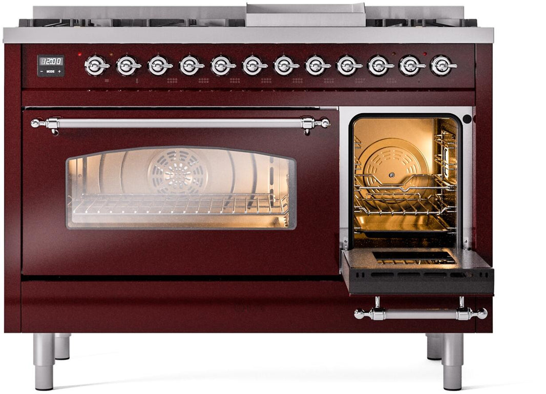 ILVE Nostalgie II 48-Inch Dual Fuel Freestanding Range in Burgundy with Copper Trim (UP48FNMPBUC)