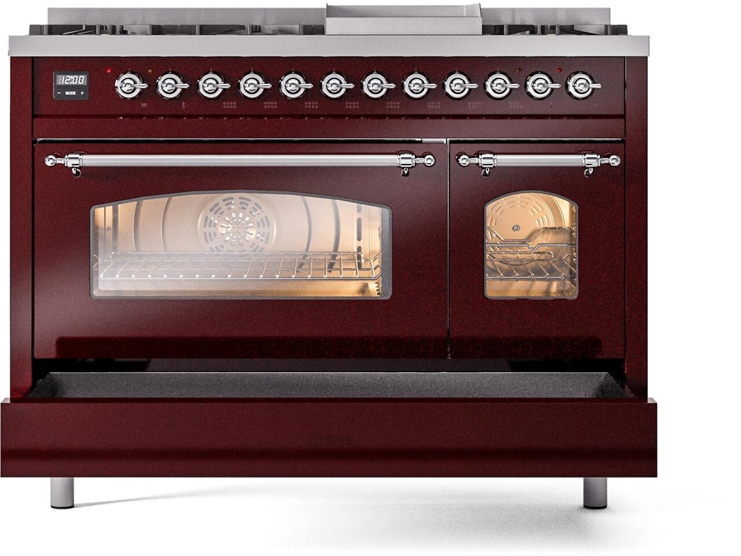 ILVE Nostalgie II 48-Inch Dual Fuel Freestanding Range in Burgundy with Copper Trim (UP48FNMPBUC)