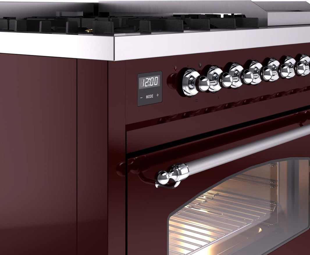 ILVE Nostalgie II 48-Inch Dual Fuel Freestanding Range in Burgundy with Copper Trim (UP48FNMPBUC)