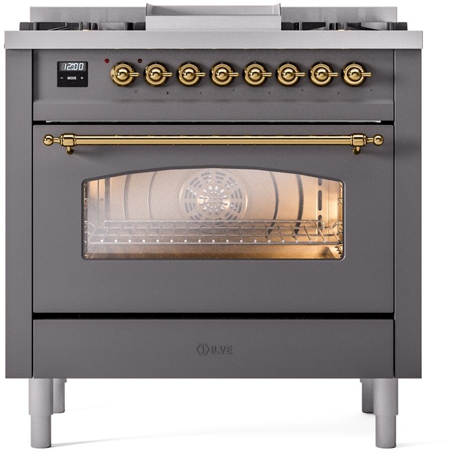 ILVE Nostalgie II 36-Inch Dual Fuel Freestanding Range in Matte Graphite with Brass Trim (UP36FNMPMGG)