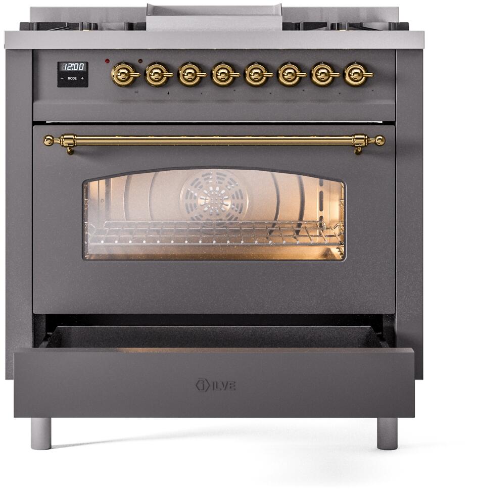 ILVE Nostalgie II 36-Inch Dual Fuel Freestanding Range in Matte Graphite with Brass Trim (UP36FNMPMGG)