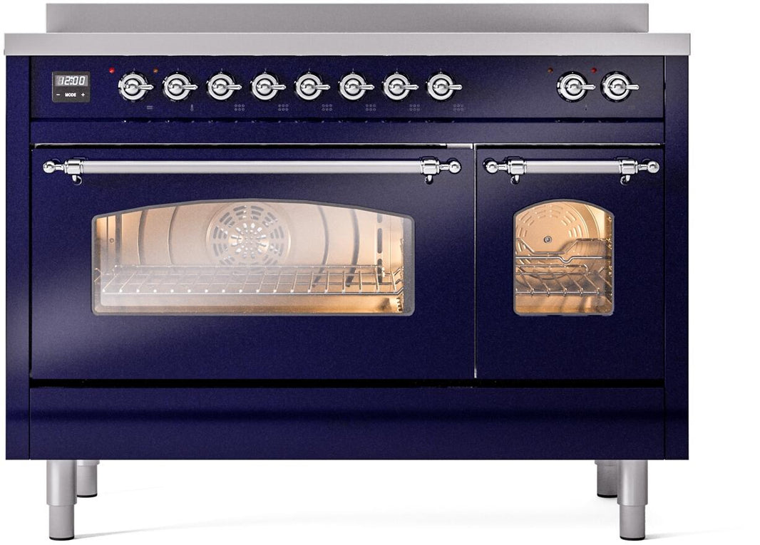 ILVE Nostalgie II 48-Inch Freestanding Electric Induction Range in Midnight Blue with Chrome Trim (UPI486NMPMBC)