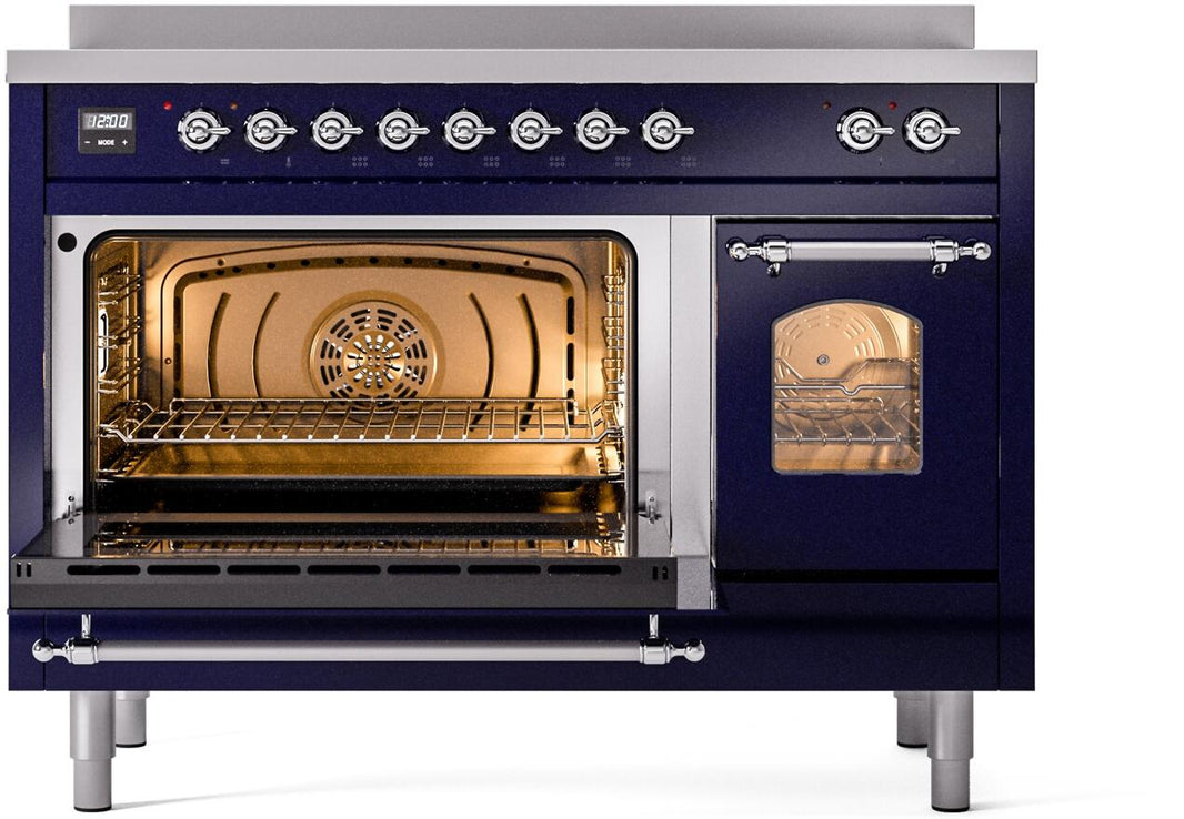 ILVE Nostalgie II 48-Inch Freestanding Electric Induction Range in Midnight Blue with Chrome Trim (UPI486NMPMBC)