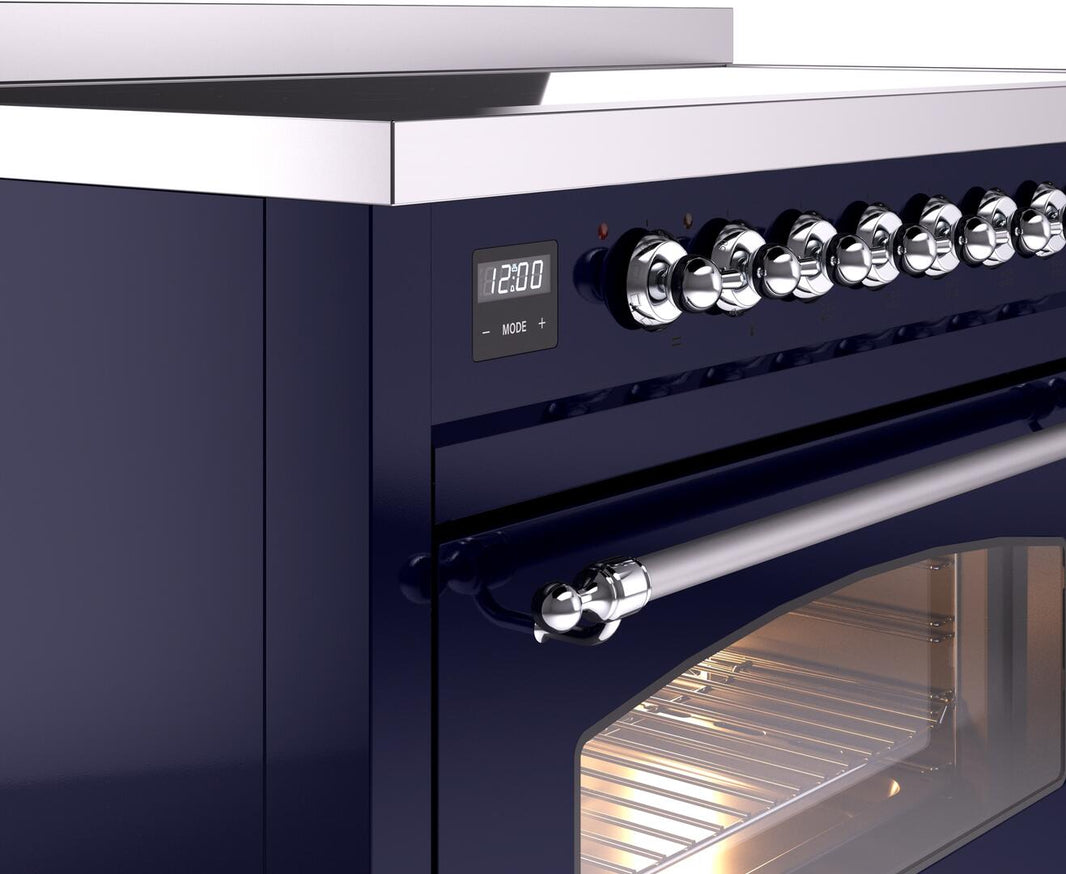 ILVE Nostalgie II 48-Inch Freestanding Electric Induction Range in Midnight Blue with Chrome Trim (UPI486NMPMBC)