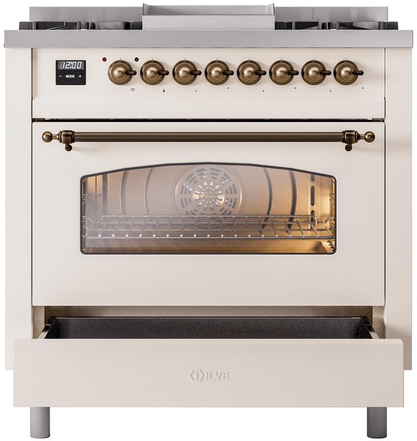 ILVE Nostalgie II 36-Inch Dual Fuel Freestanding Range in Antique White with Bronze Trim (UP36FNMPAWB)