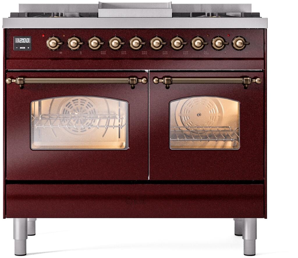 ILVE Nostalgie II 40-Inch Dual Fuel Freestanding Range in Burgundy with Bronze Trim (UPD40FNMPBUB)