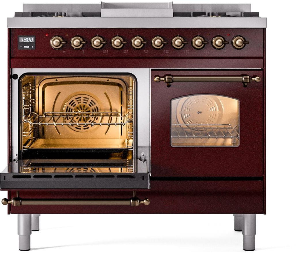 ILVE Nostalgie II 40-Inch Dual Fuel Freestanding Range in Burgundy with Bronze Trim (UPD40FNMPBUB)