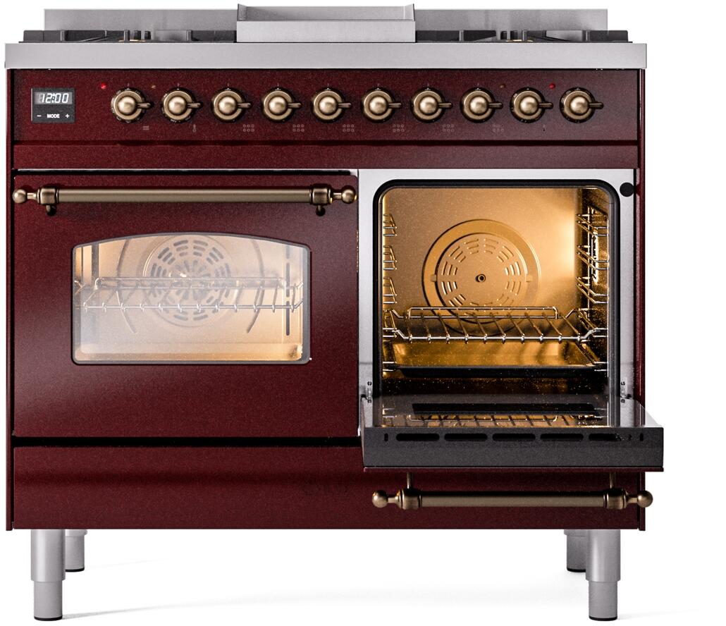 ILVE Nostalgie II 40-Inch Dual Fuel Freestanding Range in Burgundy with Bronze Trim (UPD40FNMPBUB)